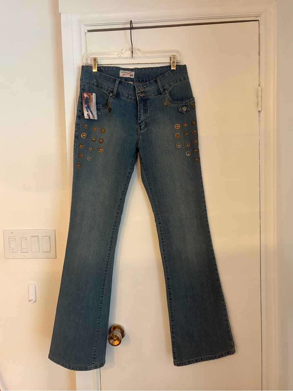 Women’s Y2K Blue Denim Jeans with Stud beading and sun medallion Detailing